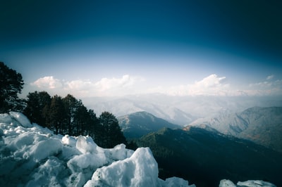 白昼雪山上绿树成荫